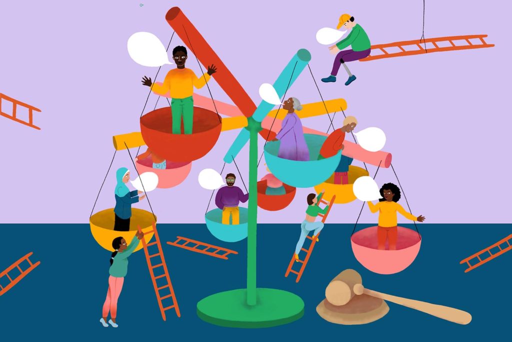 An illustration of intersectionality imagined through a set of scales with people interacting and climbing onto ladders