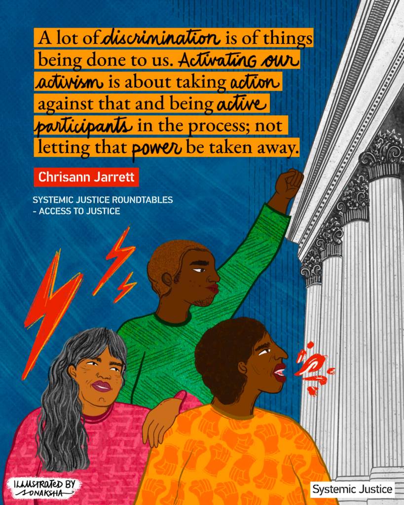 An illustration by Sonaksha. Three Black people are at the front of a building with Greek-style columns facing the building. One person has the arms raised, and the other has graphic symbols indicating they are talking. On the top, there's the following quote by Chrissan Jarrett, from Systemic Justice Roundtable Access to Justice: a lot of discrimination is of things being done to us. Activating our activism is about action against that and being active participants in the process; not letting that power be taken away.