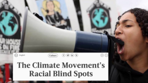 The image of an article's headline with the picture of a young Black woman holding a megaphone. There's the text "The Climate Movement's Racial Blind Spots"