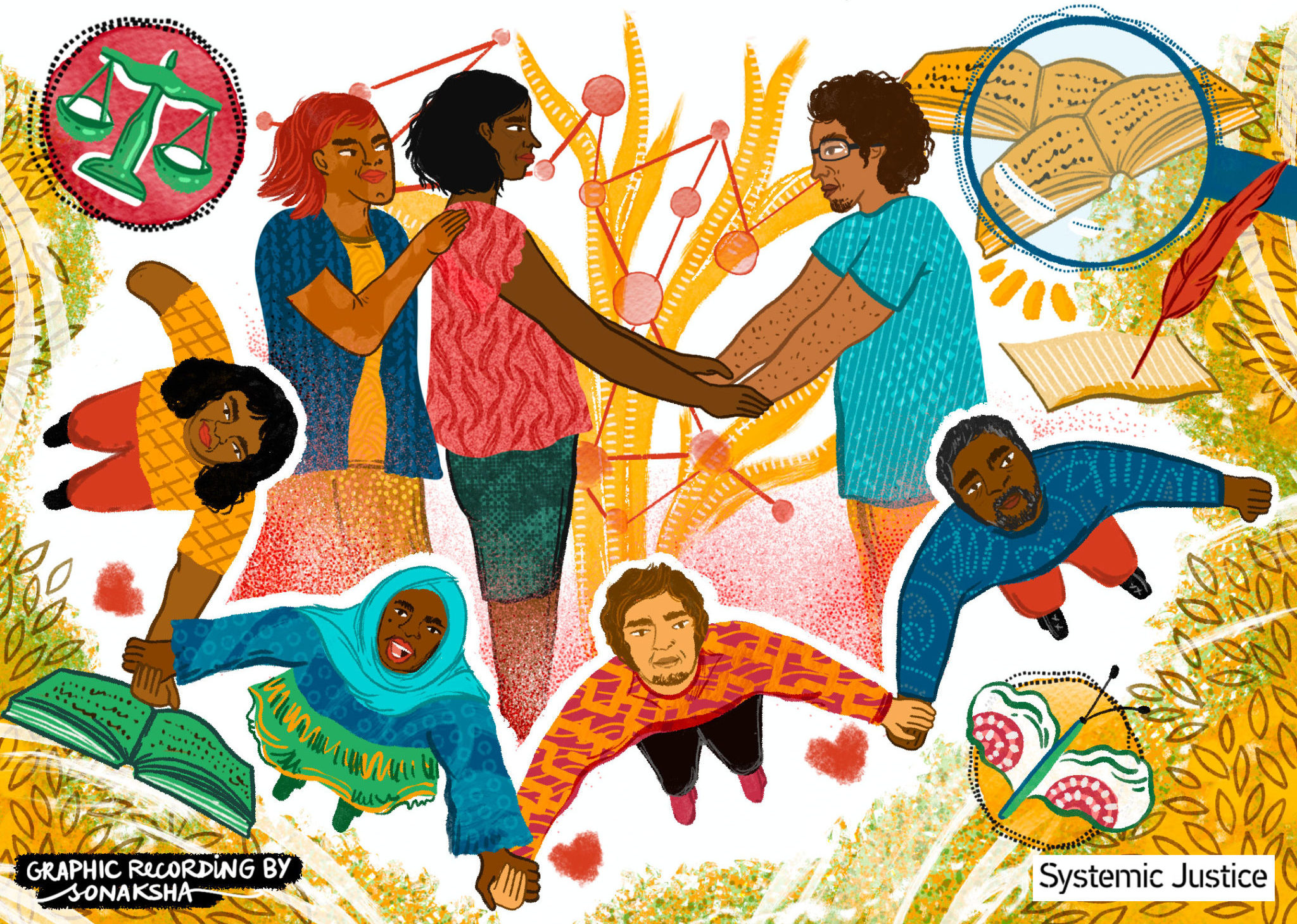 An illustration by Sonaksha where Black and brown people are together holding hands. There are elements around them that represent justice such as a scale, pieces of paper and a feather pen, there is also a butterfly and a magnifying glass over a set of books.