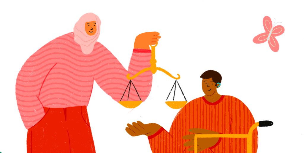 A person wearing a hijab holds a scale in front of a brown person in a wheelchair, who is also wearing a hearing aid