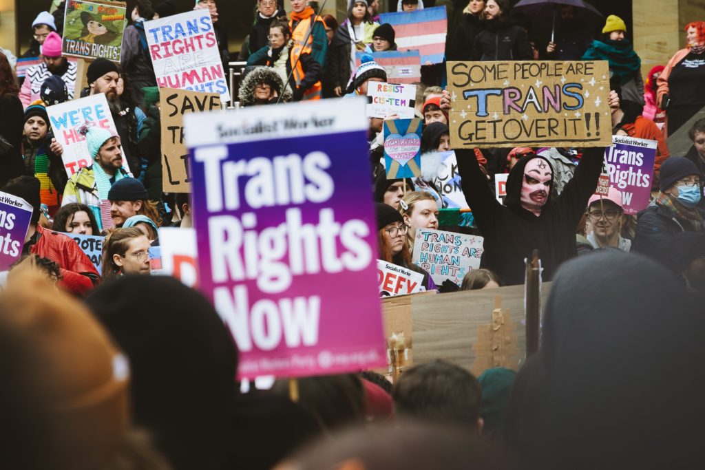 An image of a demonstration. People holding signs that say "Trans Rights Now"